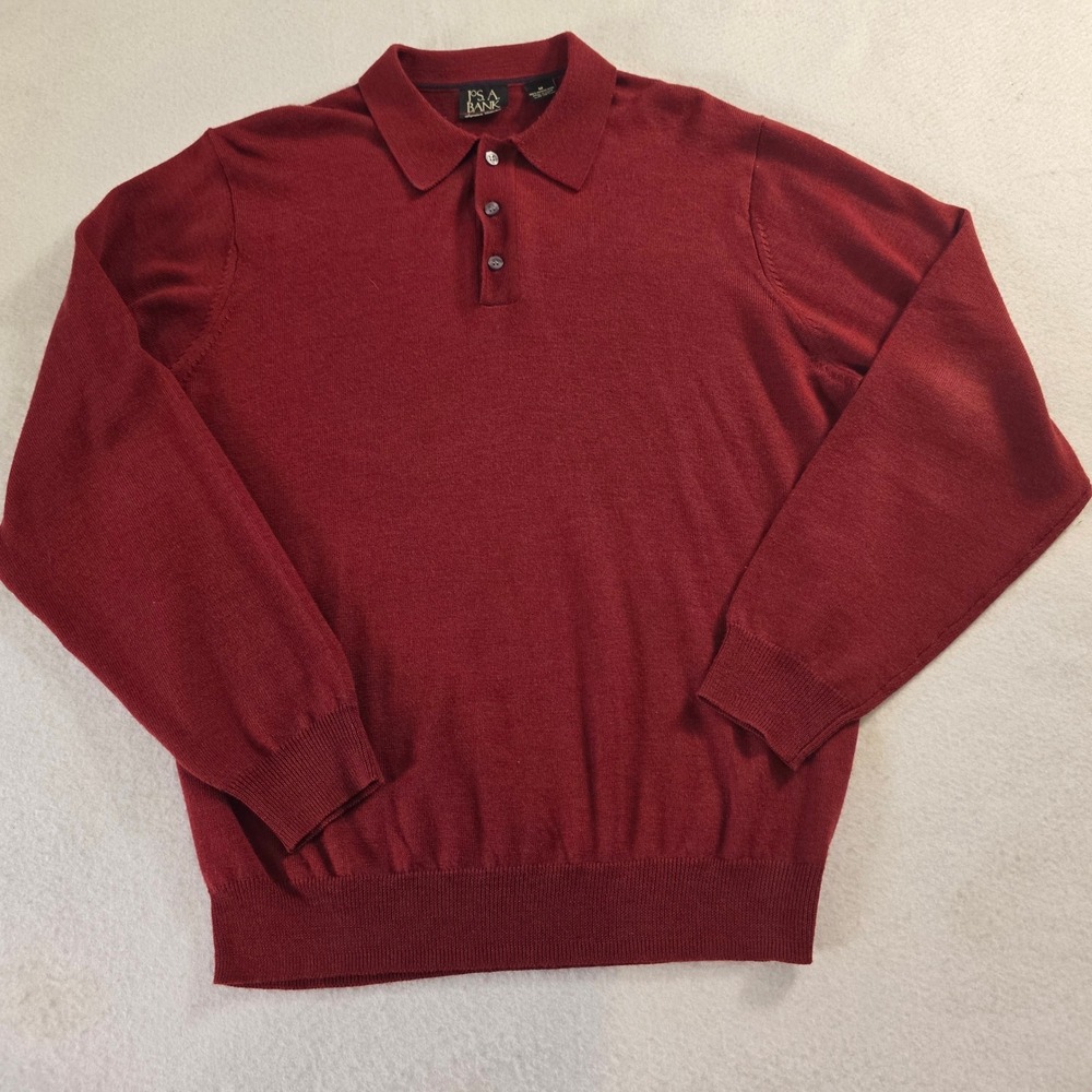 Jos. A. Bank Mens Medium Burgundy 100% Merino Wool Polo Sweater Signature